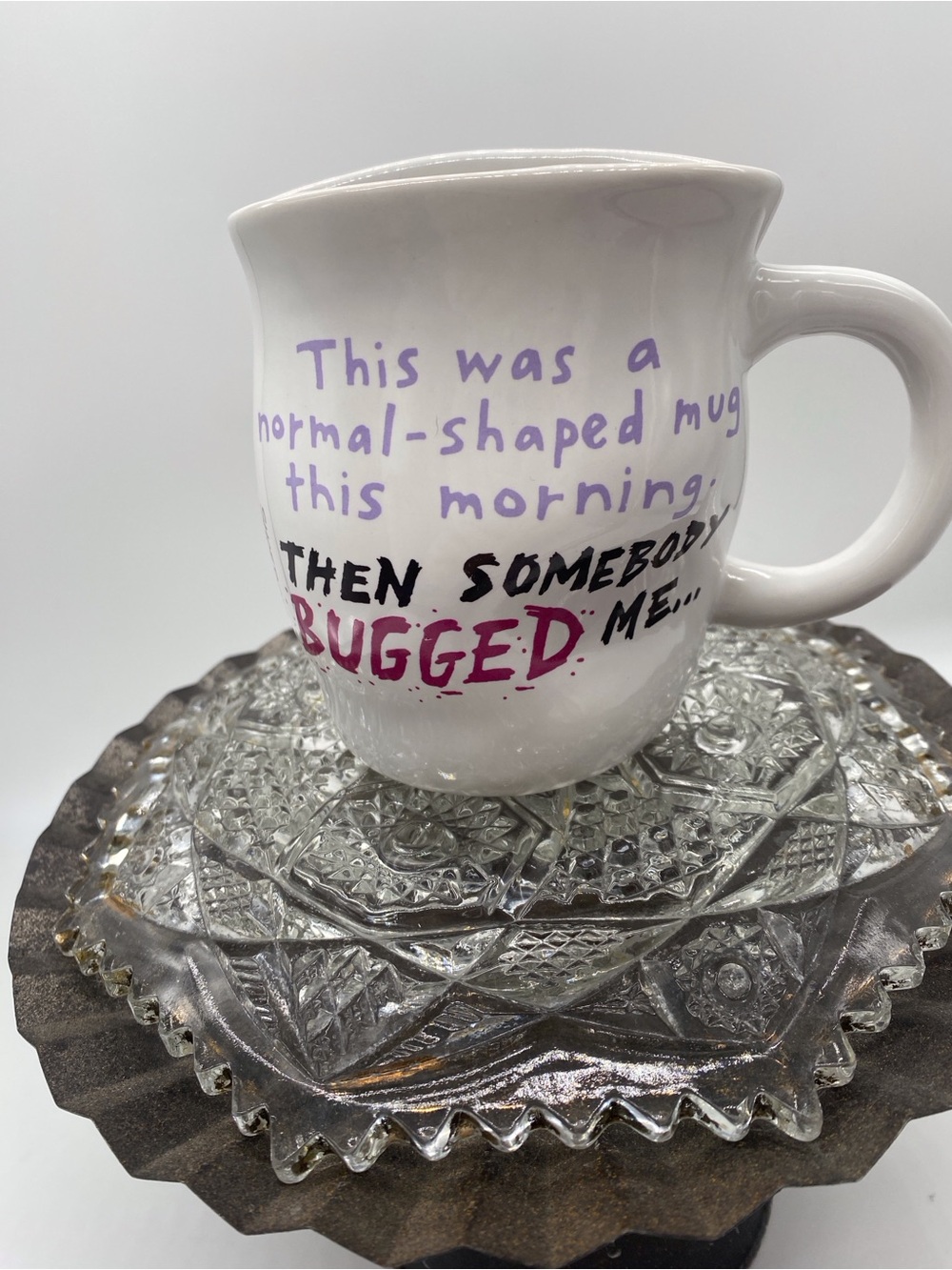 White Ceramic Mug with Lavender and Pink Lettering - Funny Morning Quote